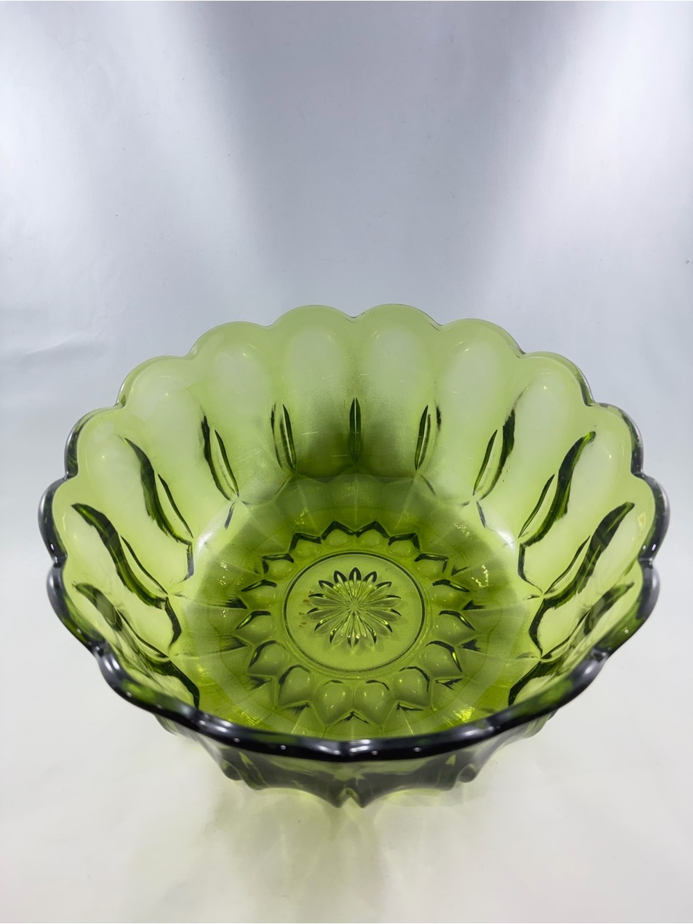 Vintage Indiana Glass Lotus Blossom Avocado Green Serving Bowl 9”